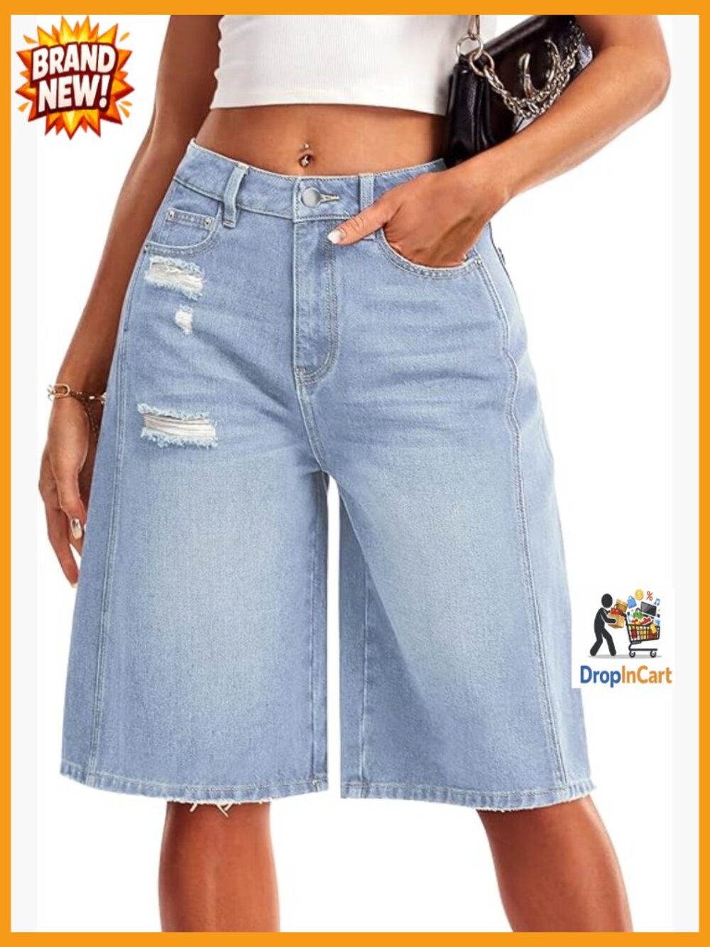 Denim Bermuda Shorts High Waisted Wide Leg Knee Length 5 Pockets